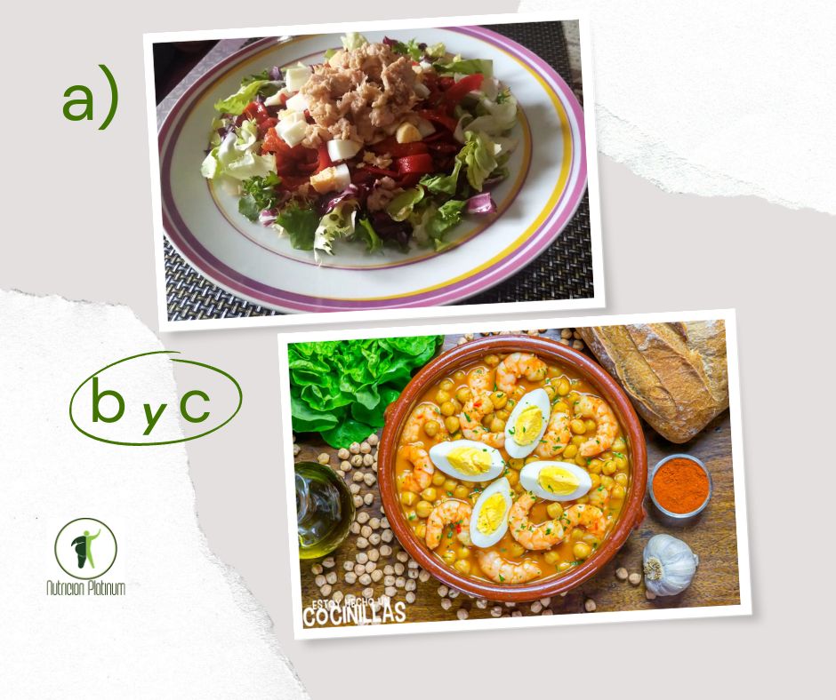 Ensalada de pimientos asados atún y huevo con Potaje de garbanzos con langostinos